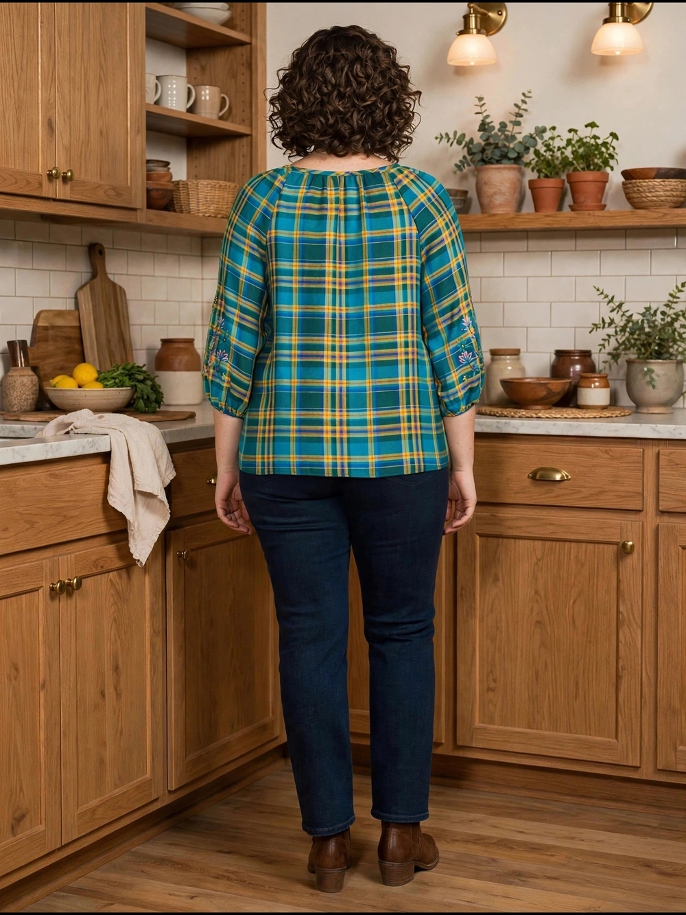 The Pioneer Woman Teal & Yellow Plaid Lace-Up Peasant Blouse - Picture 3 of 6